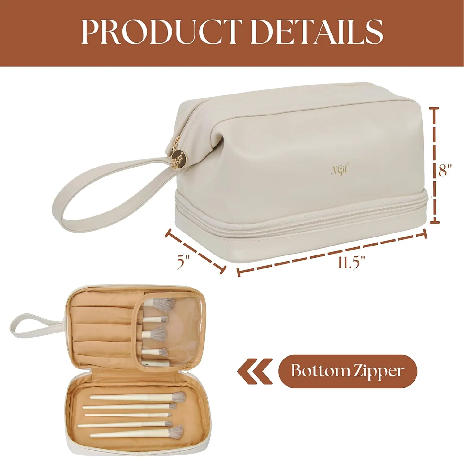 NGIL Faux Leather Cosmetic Bag for Women, Makeup Bag Organizer, Makeup Brush Storage, Portable Travel Bag for Toiletries (Solid, Beige, Medium)
