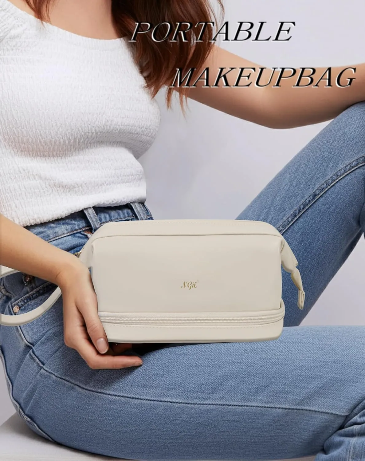 NGIL Faux Leather Cosmetic Bag for Women, Makeup Bag Organizer, Makeup Brush Storage, Portable Travel Bag for Toiletries (Solid, Beige, Medium)