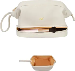 NGIL Faux Leather Cosmetic Bag for Women, Makeup Bag Organizer, Makeup Brush Storage, Portable Travel Bag for Toiletries (Solid, Beige, Medium)