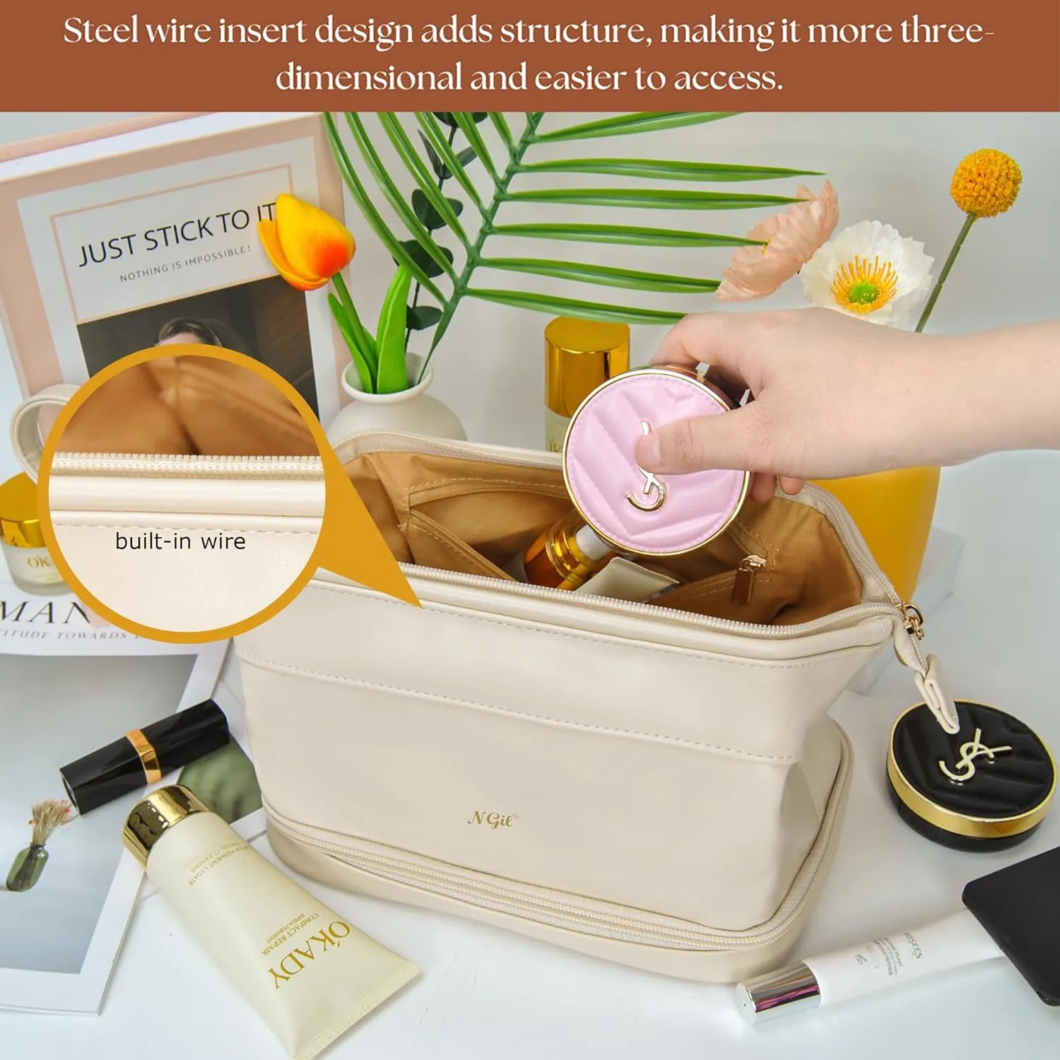 NGIL Faux Leather Cosmetic Bag for Women, Makeup Bag Organizer, Makeup Brush Storage, Portable Travel Bag for Toiletries (Solid, Beige, Medium)