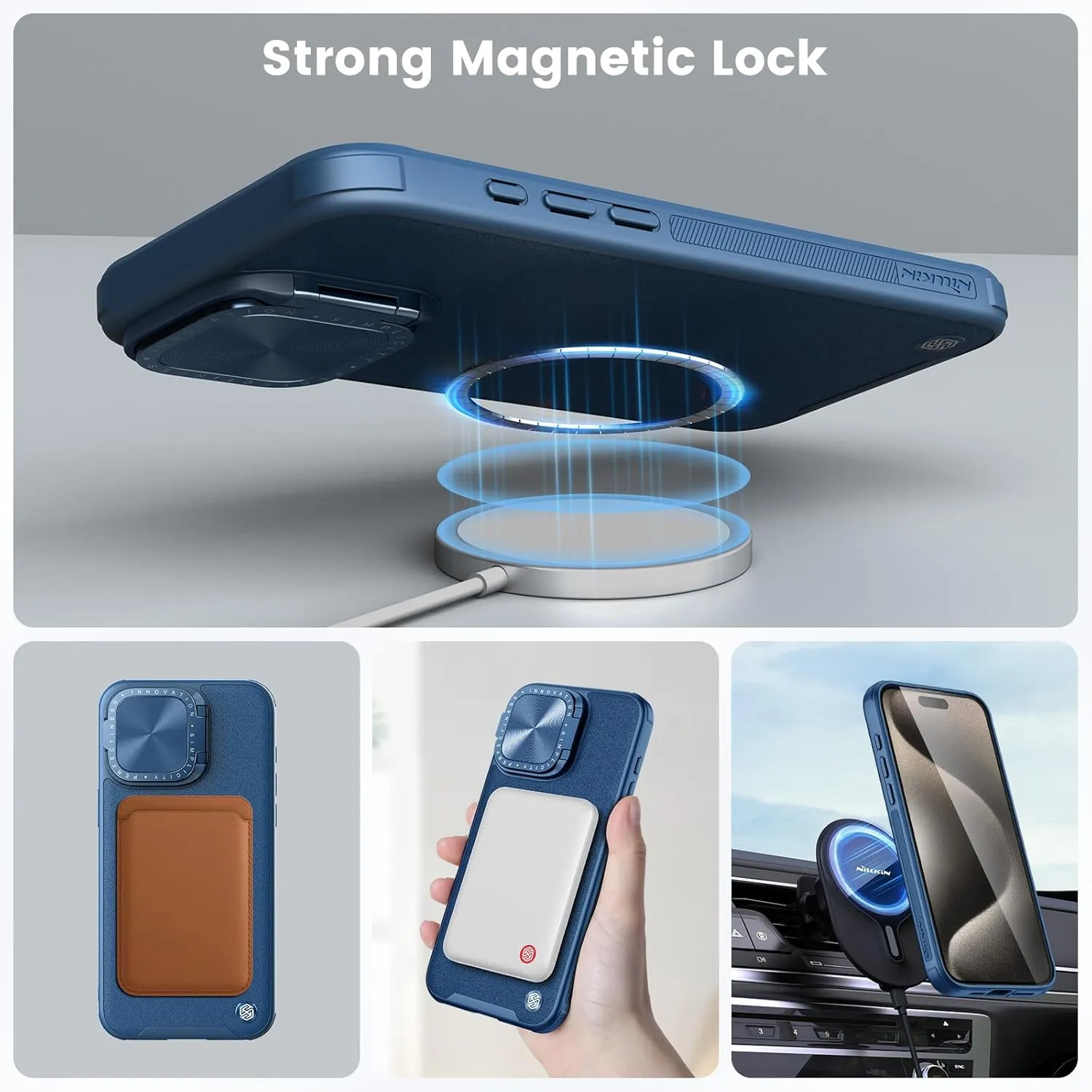 Nillkin for iPhone 15 Pro Max Case, Vegan Leather Case Compatible with MagSafe, Built-in Kickstand, Upgraded Camera Protection, Shockproof Protective Phone Case for iPhone 15 Pro Max, Blue