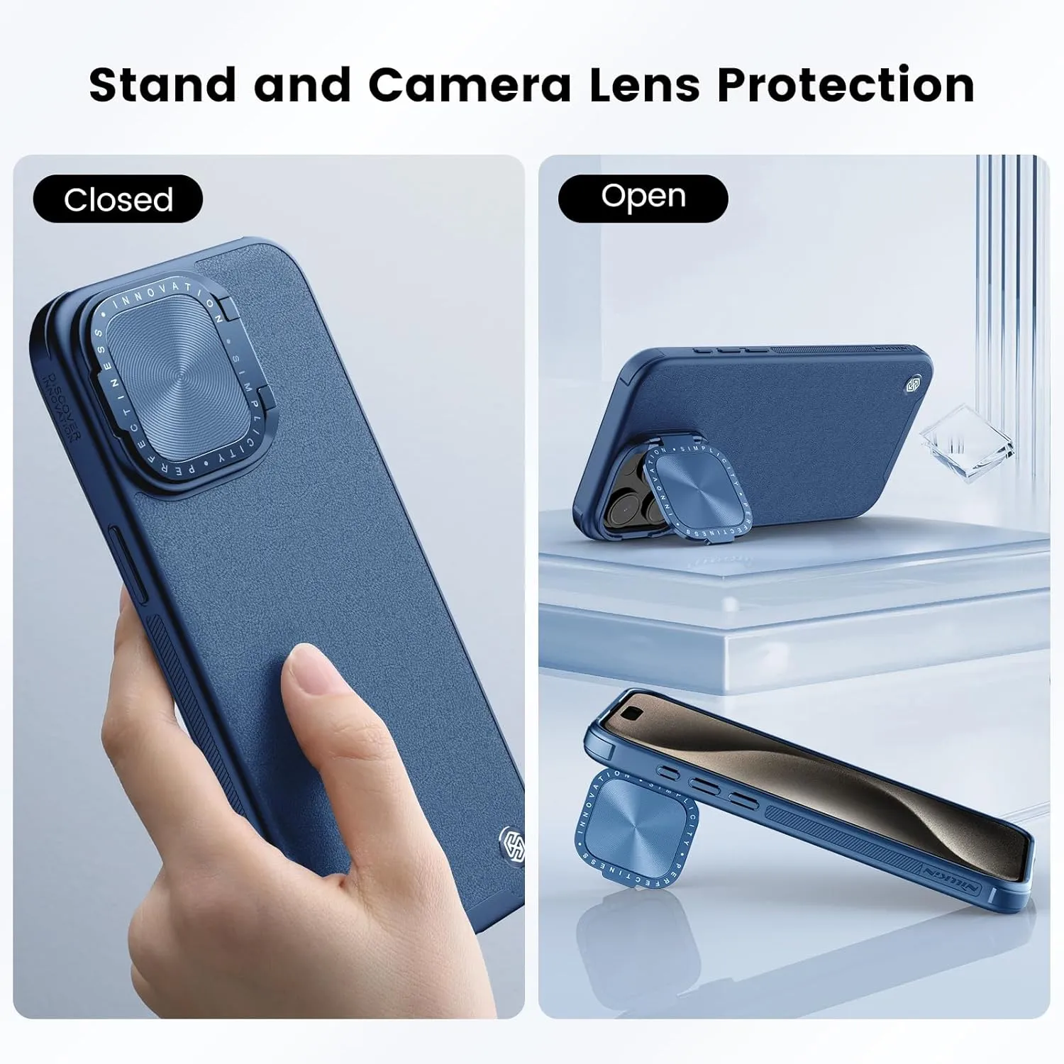 Nillkin for iPhone 15 Pro Max Case, Vegan Leather Case Compatible with MagSafe, Built-in Kickstand, Upgraded Camera Protection, Shockproof Protective Phone Case for iPhone 15 Pro Max, Blue