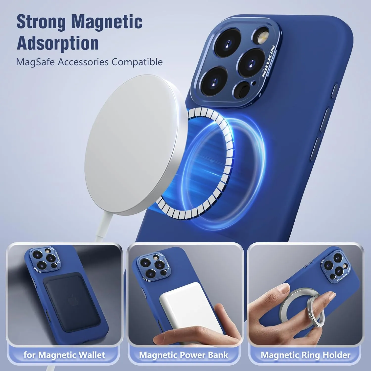 Nillkin for iPhone 16 Pro Max Case with Camera Protection & Stand, Compatible with MagSafe, Shockproof Silicone Slim Phone Case iPhone 16 Pro Max, Soft Anti-Scratch Microfiber Lining, Blue