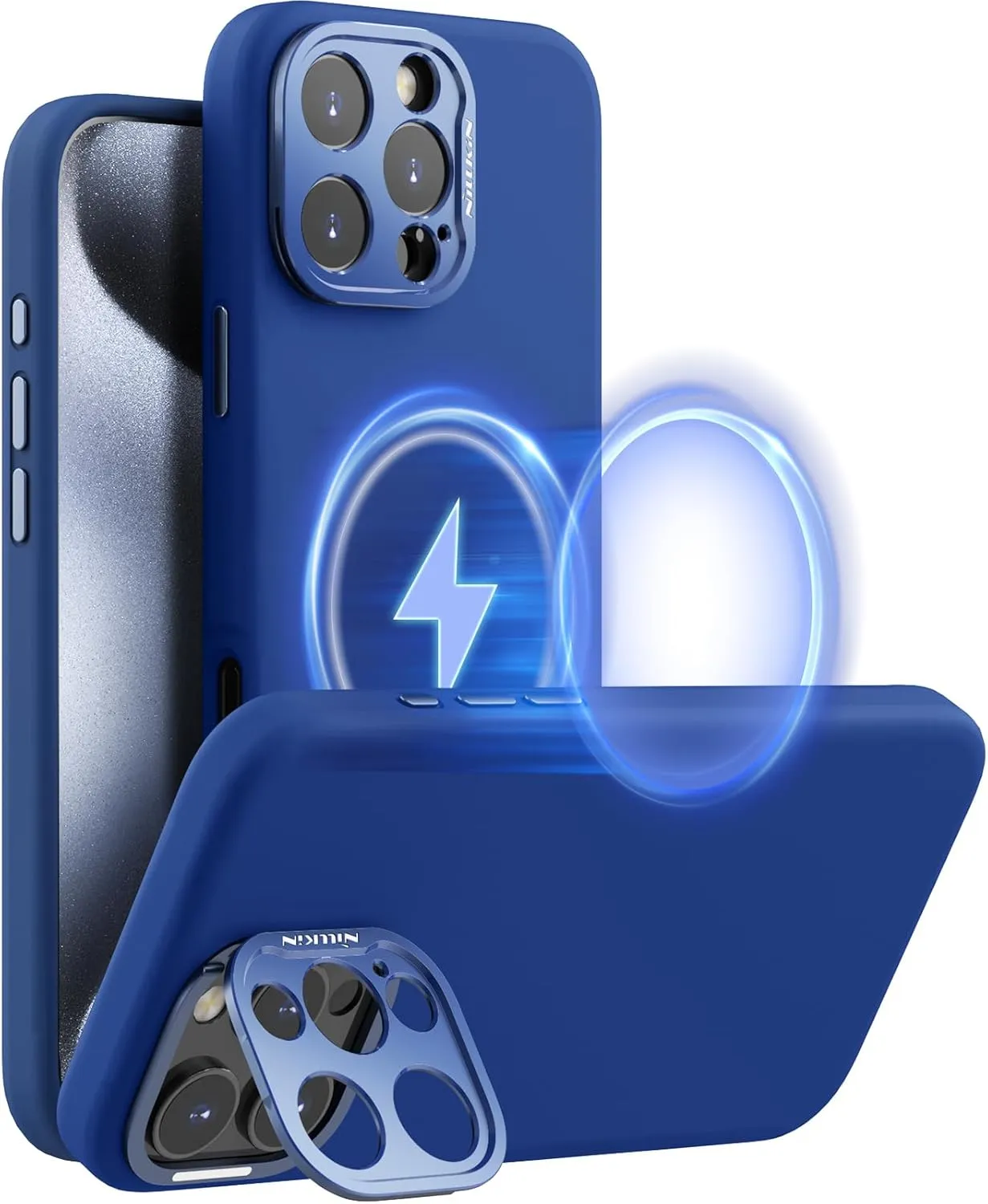 Nillkin for iPhone 16 Pro Max Case with Camera Protection & Stand, Compatible with MagSafe, Shockproof Silicone Slim Phone Case iPhone 16 Pro Max, Soft Anti-Scratch Microfiber Lining, Blue
