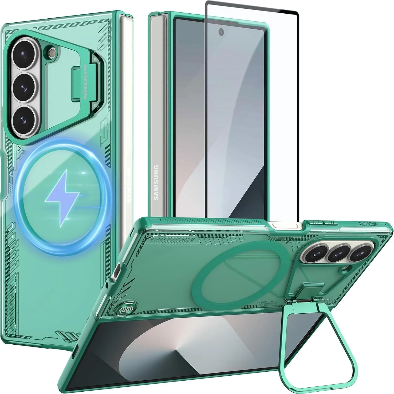 Nillkin [New Material for Samsung Galaxy Z Fold 6 Case Magsafe, Built-in HD Screen Protector & Camera Kickstand & Hinge Protection, Slim Clear Magnetic Phone Case for Samsung Galaxy Z Fold 6, Green