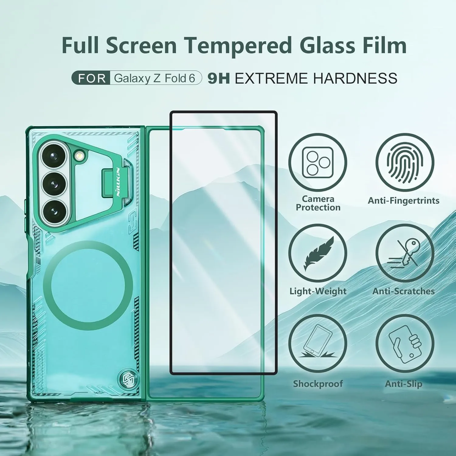Nillkin [New Material for Samsung Galaxy Z Fold 6 Case Magsafe, Built-in HD Screen Protector & Camera Kickstand & Hinge Protection, Slim Clear Magnetic Phone Case for Samsung Galaxy Z Fold 6, Green