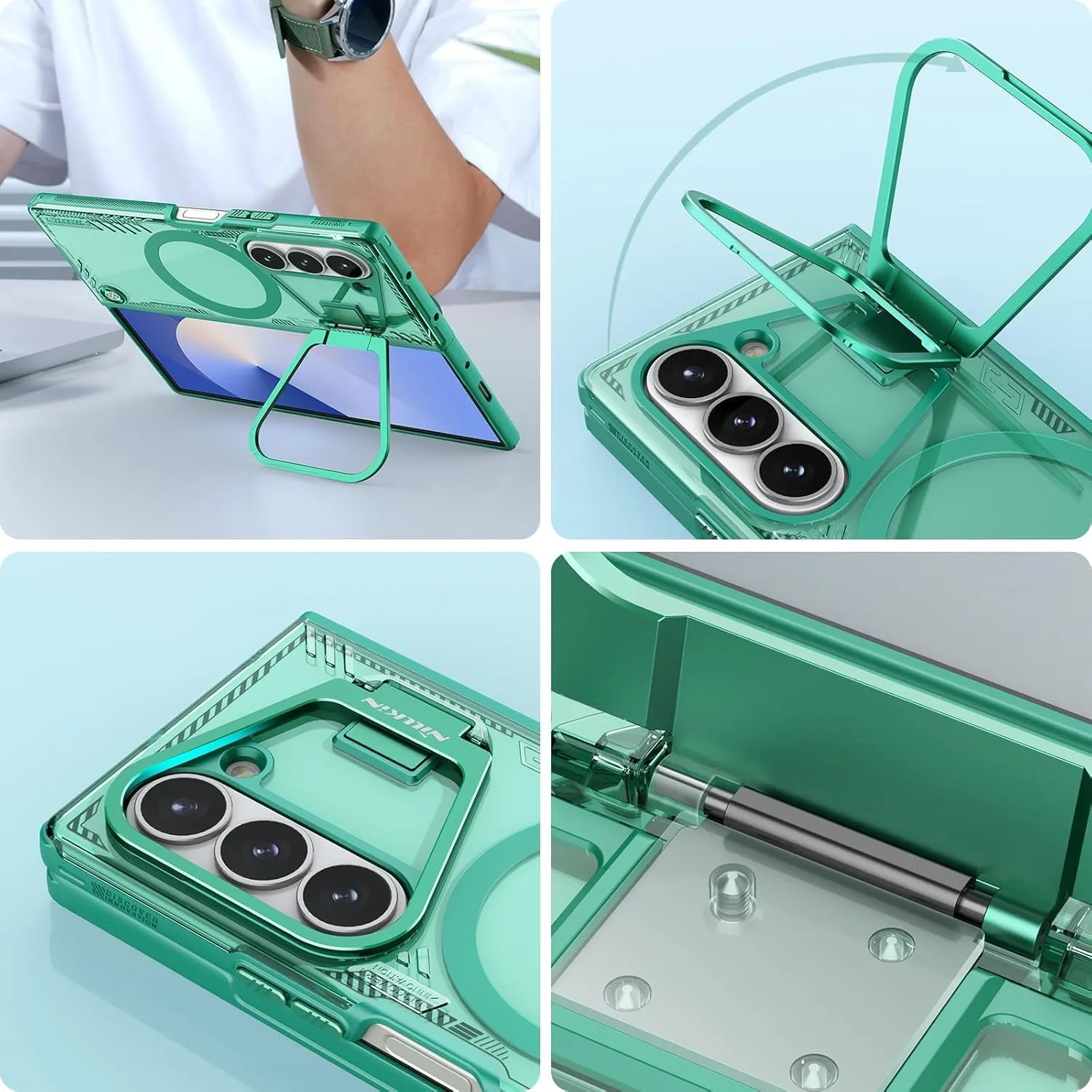 Nillkin [New Material for Samsung Galaxy Z Fold 6 Case Magsafe, Built-in HD Screen Protector & Camera Kickstand & Hinge Protection, Slim Clear Magnetic Phone Case for Samsung Galaxy Z Fold 6, Green