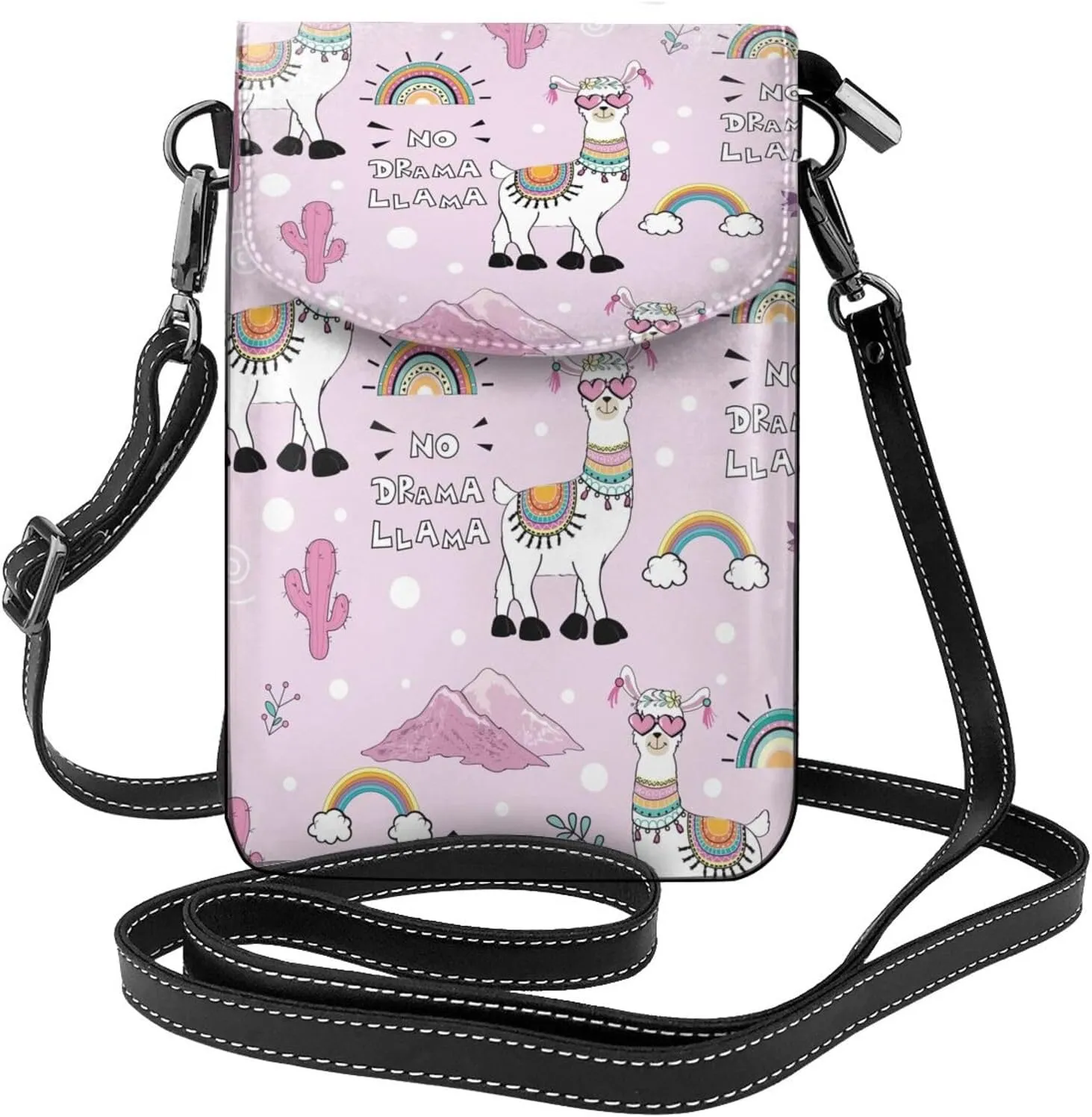 No Drama Llama Print Small Crossbody Bags for Women Leather Cell Phone Purses Mini Leather Shoulder Handbag Adjustable Strap