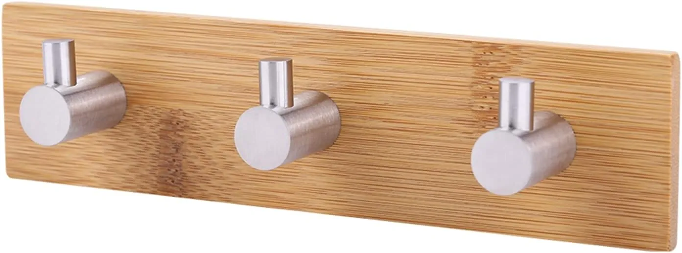 No-Punch Wall Hanger Hook, Natural Bamboo Stainless Steel Heavy Duty Clothes Hanger, Bag Key Towel Hanger for Hanging Towels Coats Hats Handbags Rains Clothes (Three Hook)