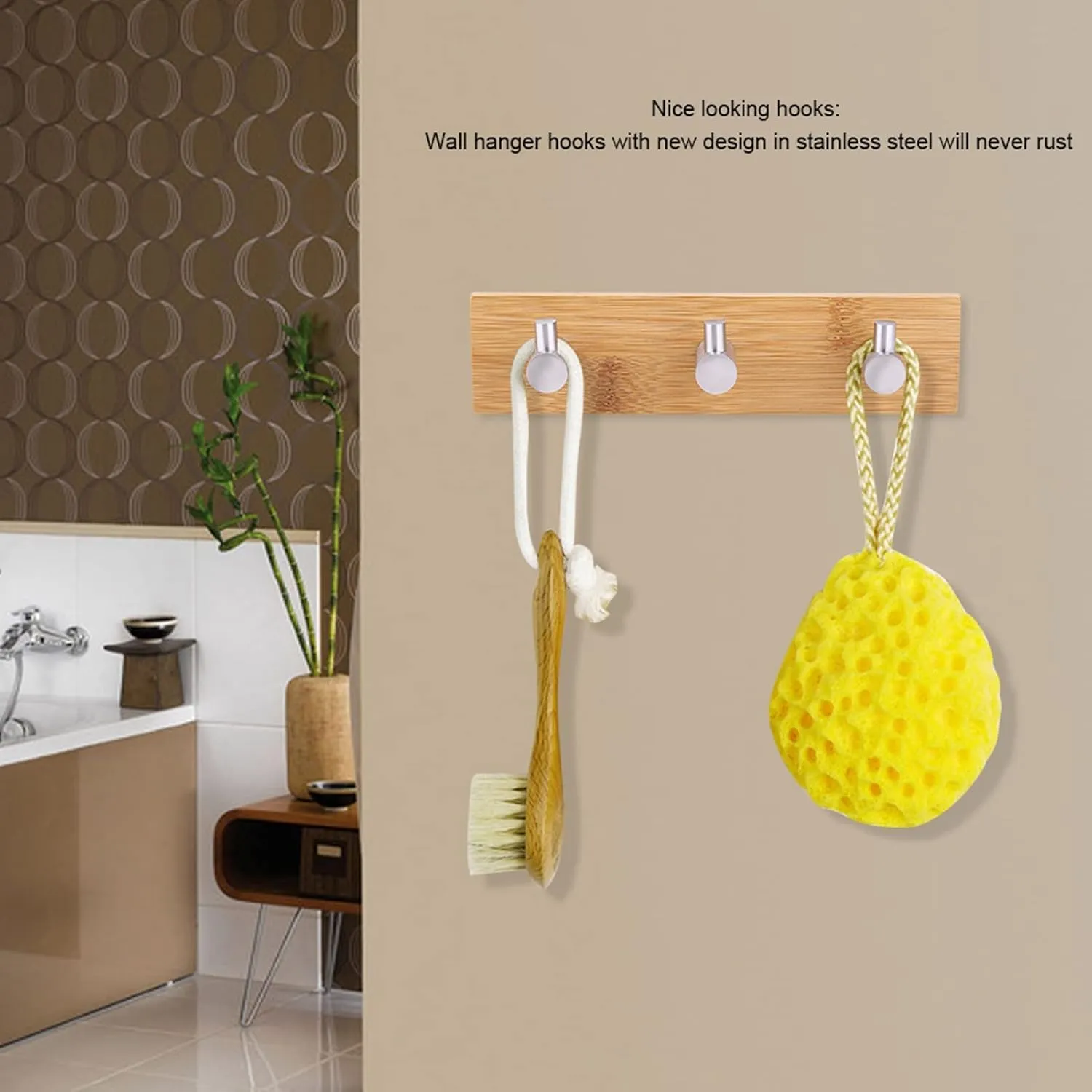 No-Punch Wall Hanger Hook, Natural Bamboo Stainless Steel Heavy Duty Clothes Hanger, Bag Key Towel Hanger for Hanging Towels Coats Hats Handbags Rains Clothes (Three Hook)
