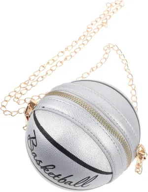 NOLITOY Basketball Purse,Cross Body Messenger Bag Purse Tote Mini Shoulder PU Leather Round Handbag Adjustable Strap for Women Girls Silver