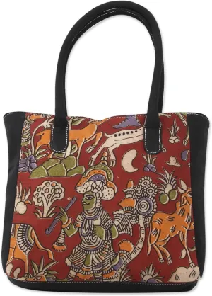 NOVICA Artisan Handmade Cotton Tote Bag Indian Hunting Scene Block Printed Handbags Multicolor Red Fiesta Patterned ' Hunting Expedition'