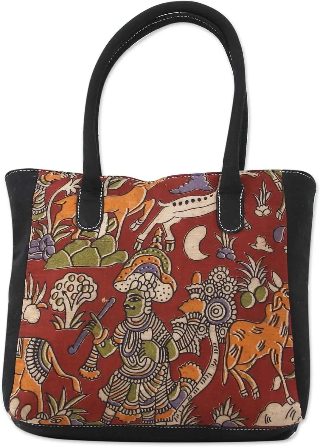 NOVICA Artisan Handmade Cotton Tote Bag Indian Hunting Scene Block Printed Handbags Multicolor Red Fiesta Patterned ' Hunting Expedition'