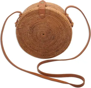 NOVICA Artisan Handmade Round Bamboo Ate Grass Woven Shoulder Bag Natural Fiber Cotton Handbags Brown Slings Indonesia ' Happy Tradition'