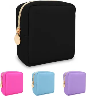 Nylon Mini Makeup Bag for Purse, Preppy Small Cute Black Makeup Bag Cosmetic Zipper Pouch Purse, Waterproof Travel Coin Pouch Sanitary Napkin Storage Bag Clutch Makeup Organizer for Women Girls(Black)