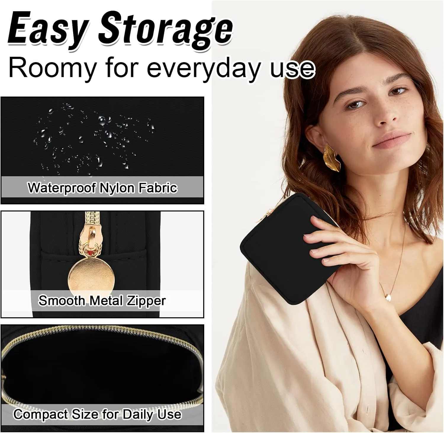 Nylon Mini Makeup Bag for Purse, Preppy Small Cute Black Makeup Bag Cosmetic Zipper Pouch Purse, Waterproof Travel Coin Pouch Sanitary Napkin Storage Bag Clutch Makeup Organizer for Women Girls(Black)