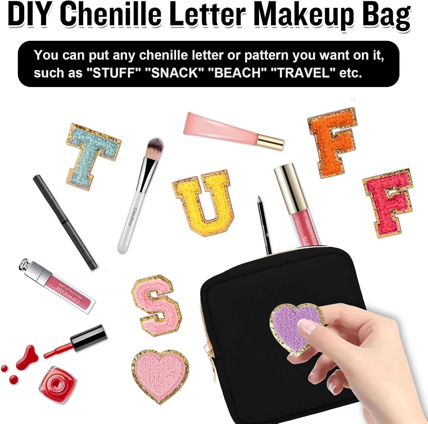 Nylon Mini Makeup Bag for Purse, Preppy Small Cute Black Makeup Bag Cosmetic Zipper Pouch Purse, Waterproof Travel Coin Pouch Sanitary Napkin Storage Bag Clutch Makeup Organizer for Women Girls(Black)