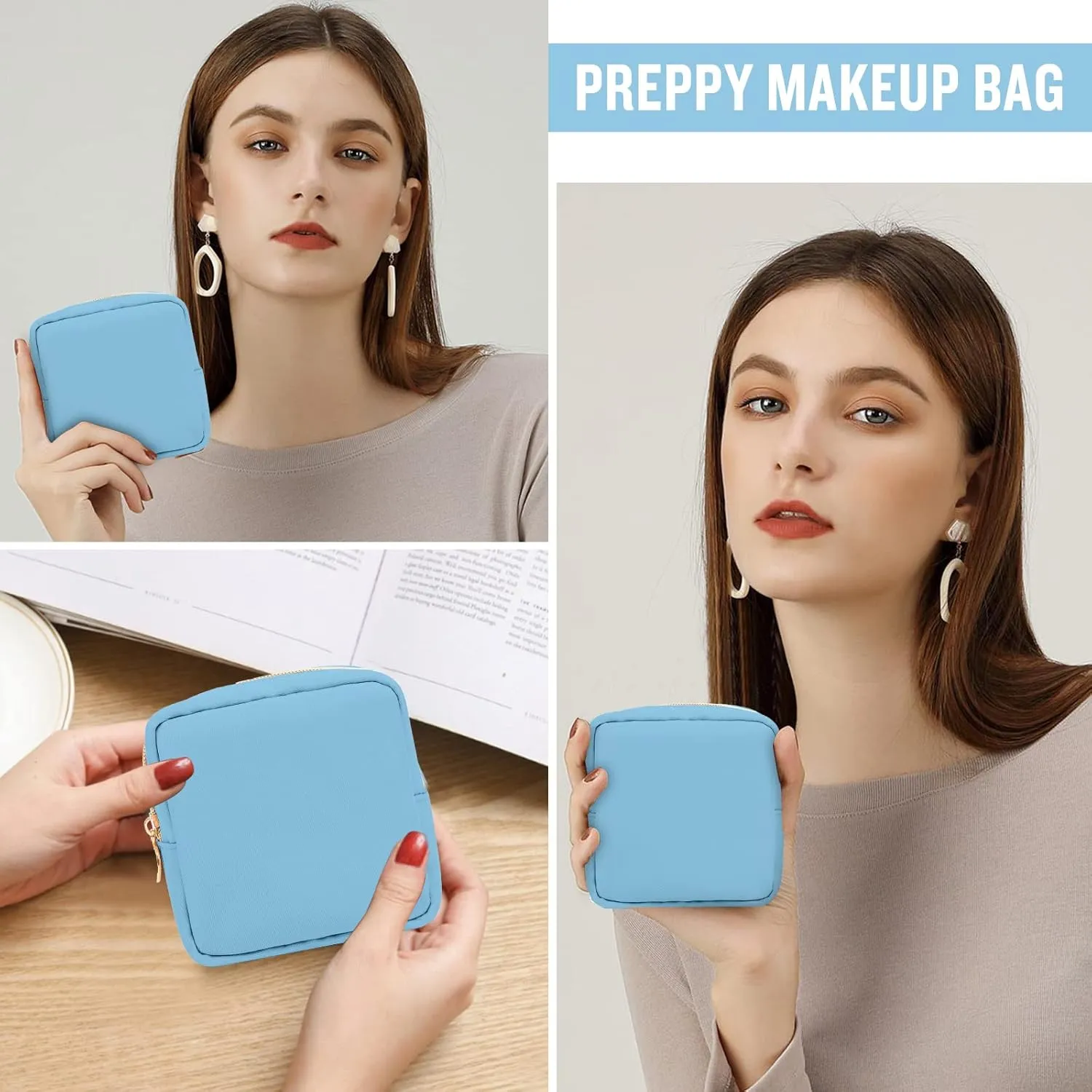 Nylon Mini Makeup Bag for Purse, Preppy Small Cute Makeup Bag Cosmetic Zipper Pouch Purse, Waterproof Travel Coin Pouch Sanitary Napkin Storage Bag Clutch Make Up Organizer Bag for Women Girls(Blue)