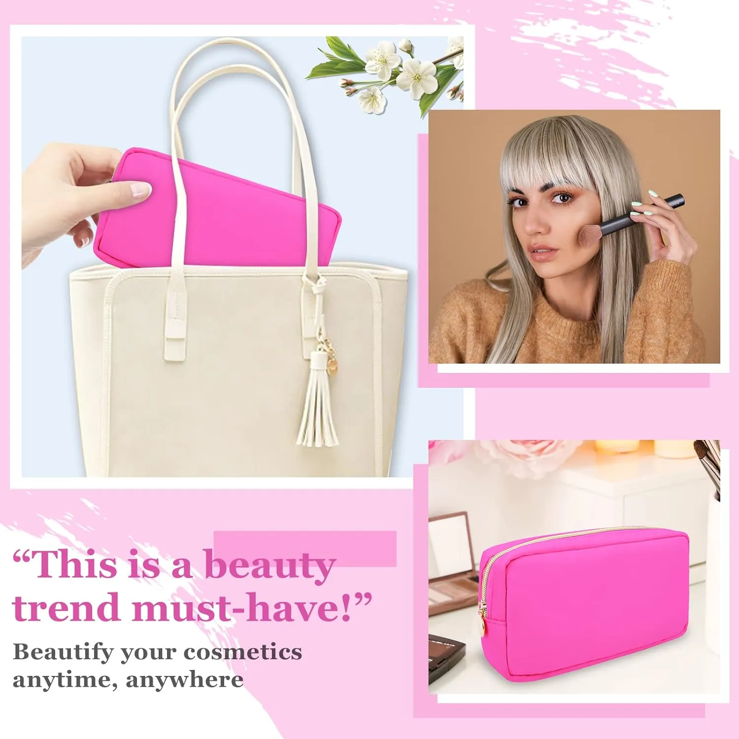 Nylon Small Makeup Bag for Purse, Cute Preppy Makeup Bag Cosmetic Zipper Pouch Purse, Waterproof Portable Travel Toiletry Bag Clutch Makeup Brush Bag Organizer Storage for Women Men Girls(Hot Pink)