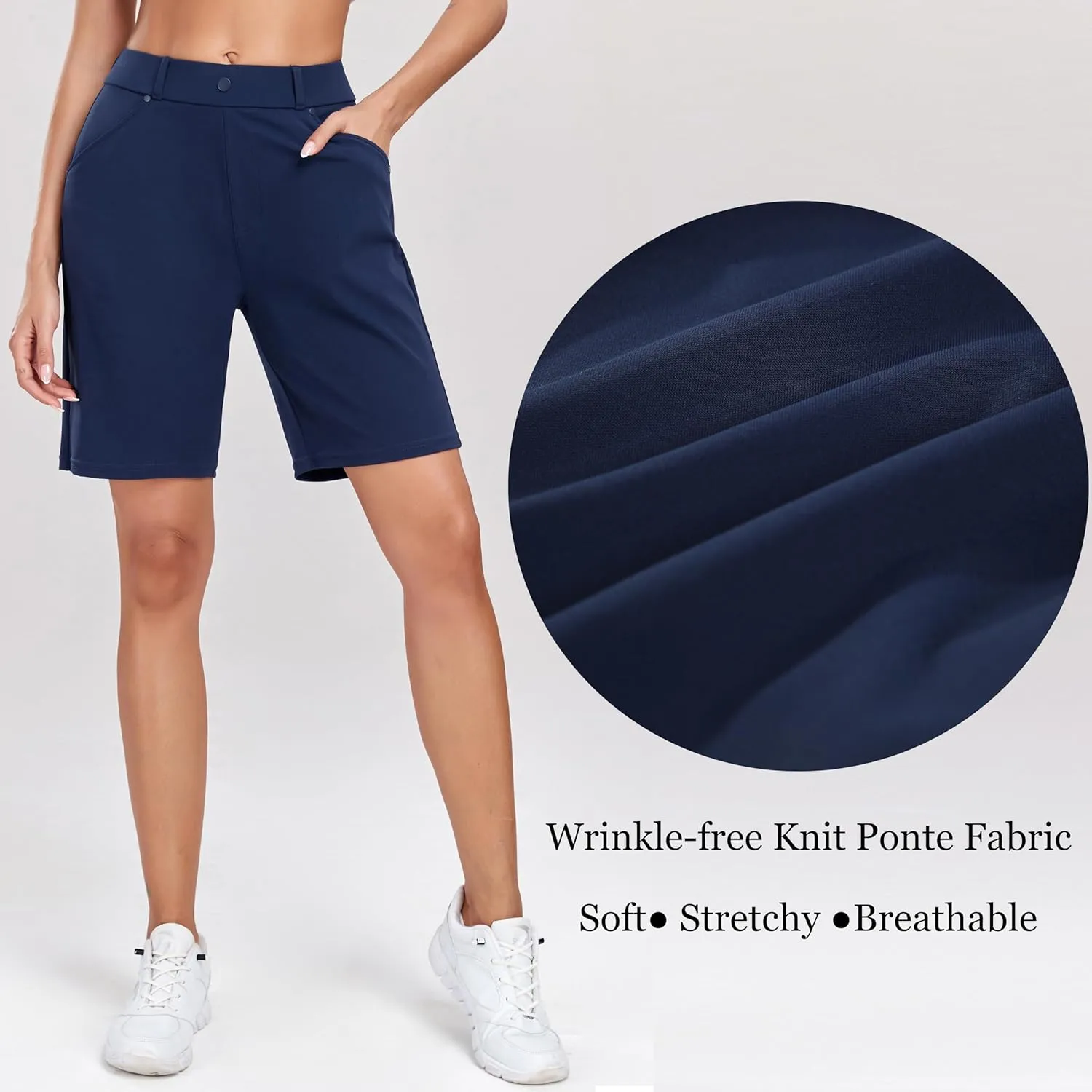 Oalka Women's Bermuda Shorts Work Casual 8" Stretchy Golf Walking Shorts Knee Length
