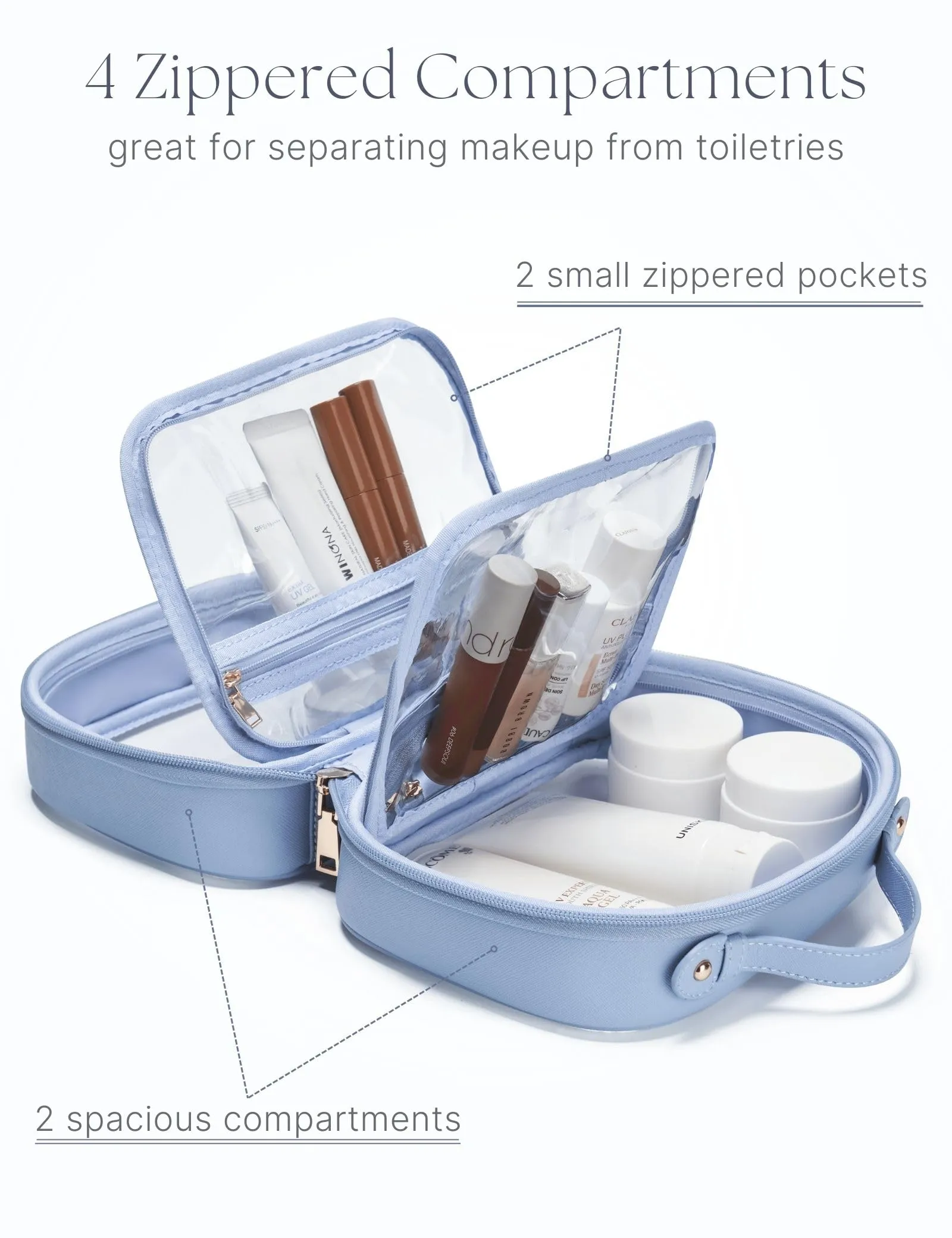 Oaque Clear Cosmetic Bag Double Layer Travel Toiletry Bag Clear Makeup Bag Case with 4 Compartments, Transparent Travel Bag for Toiletries, TSA Approved Toiletry Case for Women (Blue)