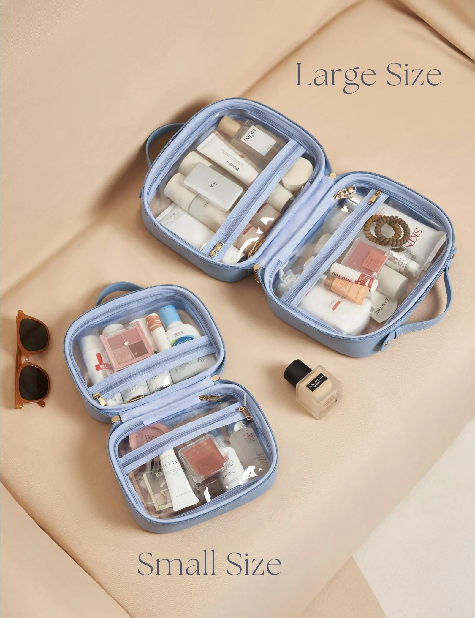 Oaque Clear Cosmetic Bag Double Layer Travel Toiletry Bag Clear Makeup Bag Case with 4 Compartments, Transparent Travel Bag for Toiletries, TSA Approved Toiletry Case for Women (Blue)