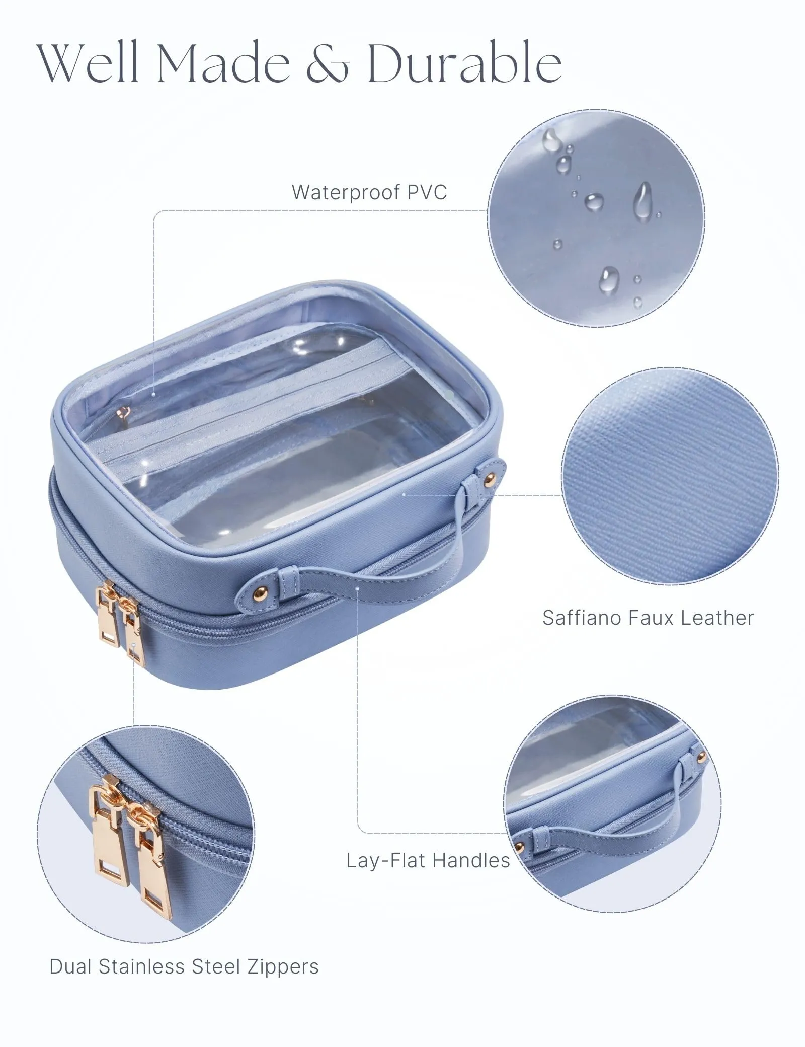 Oaque Clear Cosmetic Bag Double Layer Travel Toiletry Bag Clear Makeup Bag Case with 4 Compartments, Transparent Travel Bag for Toiletries, TSA Approved Toiletry Case for Women (Blue)