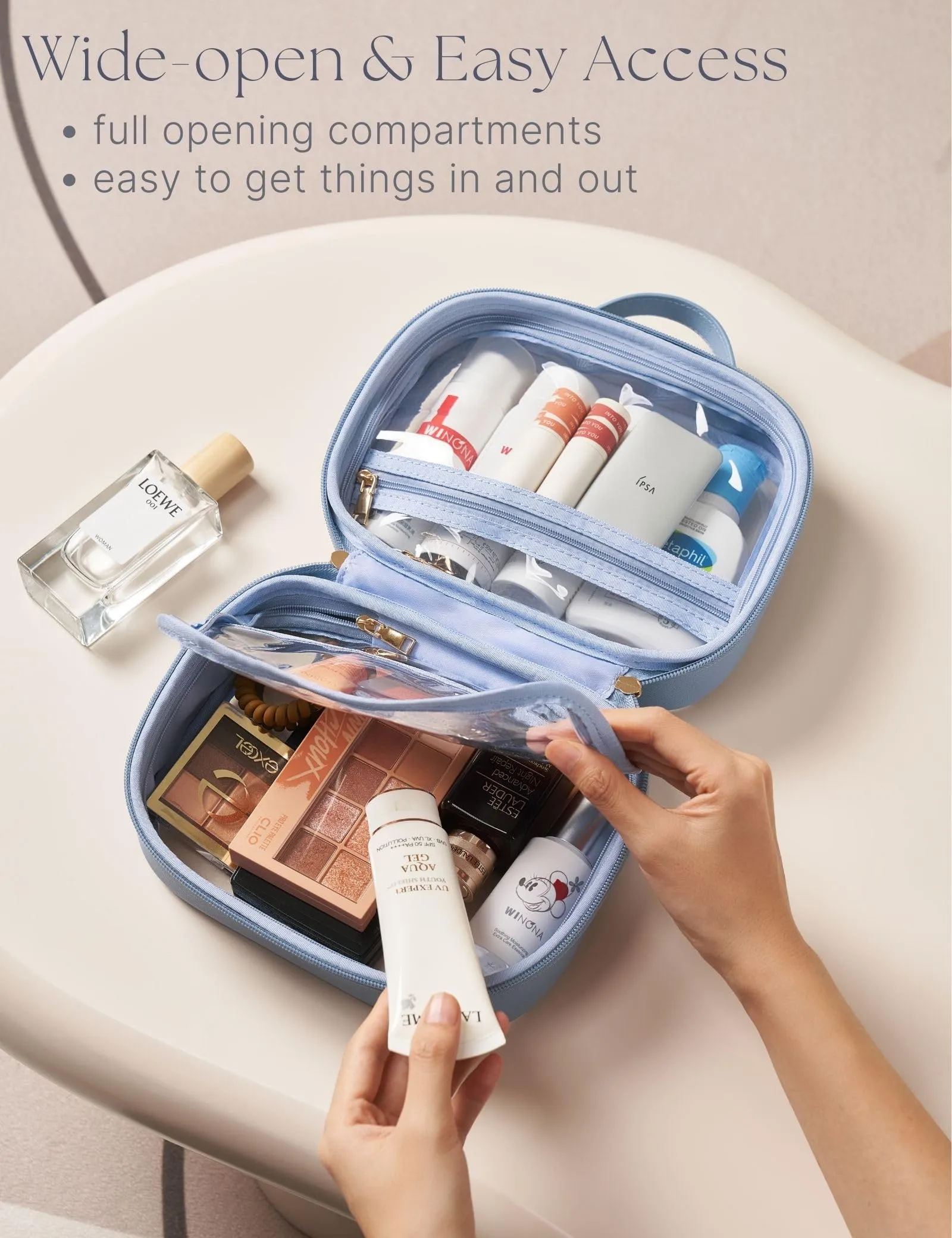 Oaque Clear Cosmetic Bag Double Layer Travel Toiletry Bag Clear Makeup Bag Case with 4 Compartments, Transparent Travel Bag for Toiletries, TSA Approved Toiletry Case for Women (Blue)