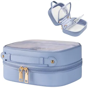 Oaque Clear Cosmetic Bag Double Layer Travel Toiletry Bag Clear Makeup Bag Case with 4 Compartments, Transparent Travel Bag for Toiletries, TSA Approved Toiletry Case for Women (Blue)