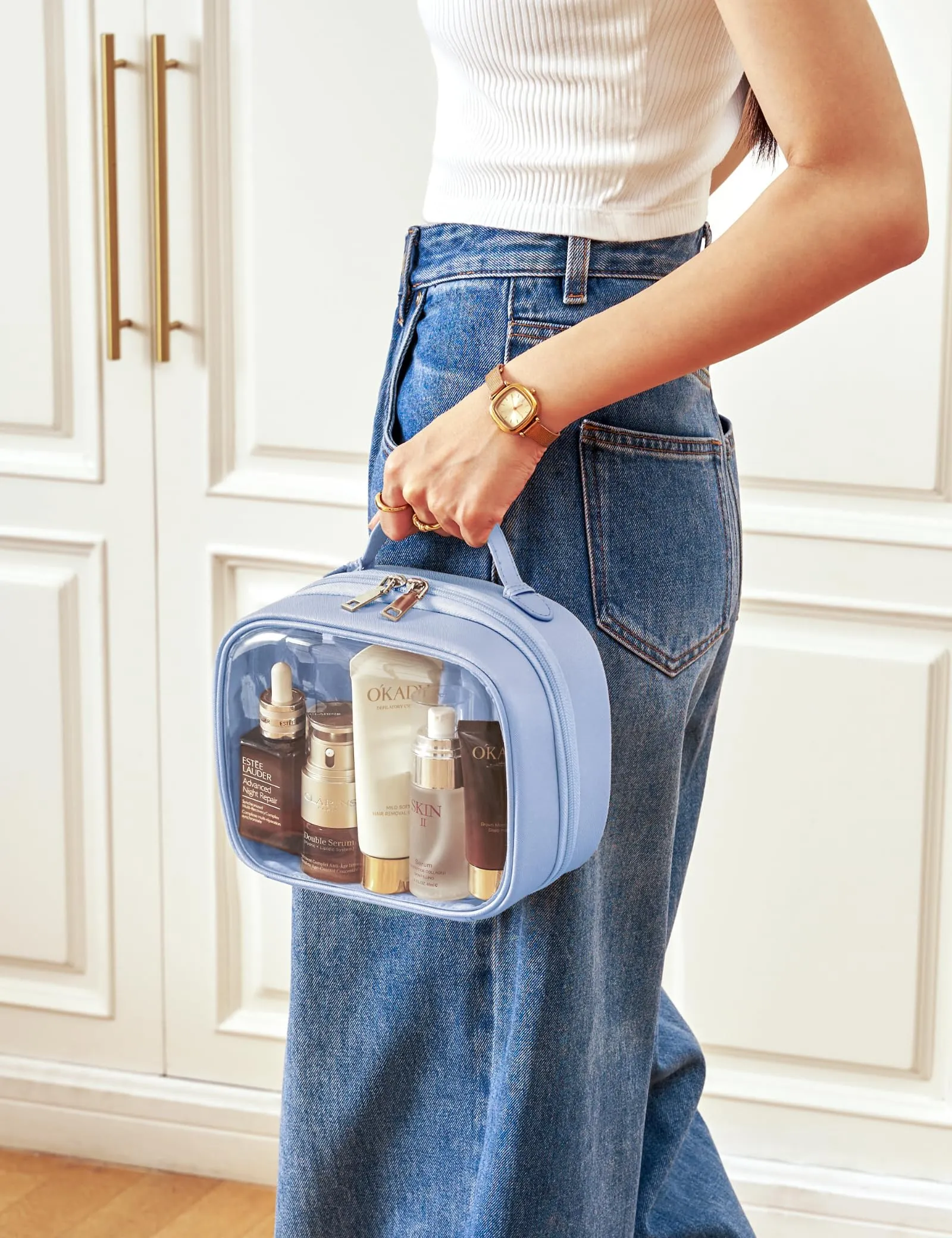 Oaque Clear Cosmetic Bag Double Layer Travel Toiletry Bag Clear Makeup Bag Case with 4 Compartments, Transparent Travel Bag for Toiletries, TSA Approved Toiletry Case for Women (Blue)