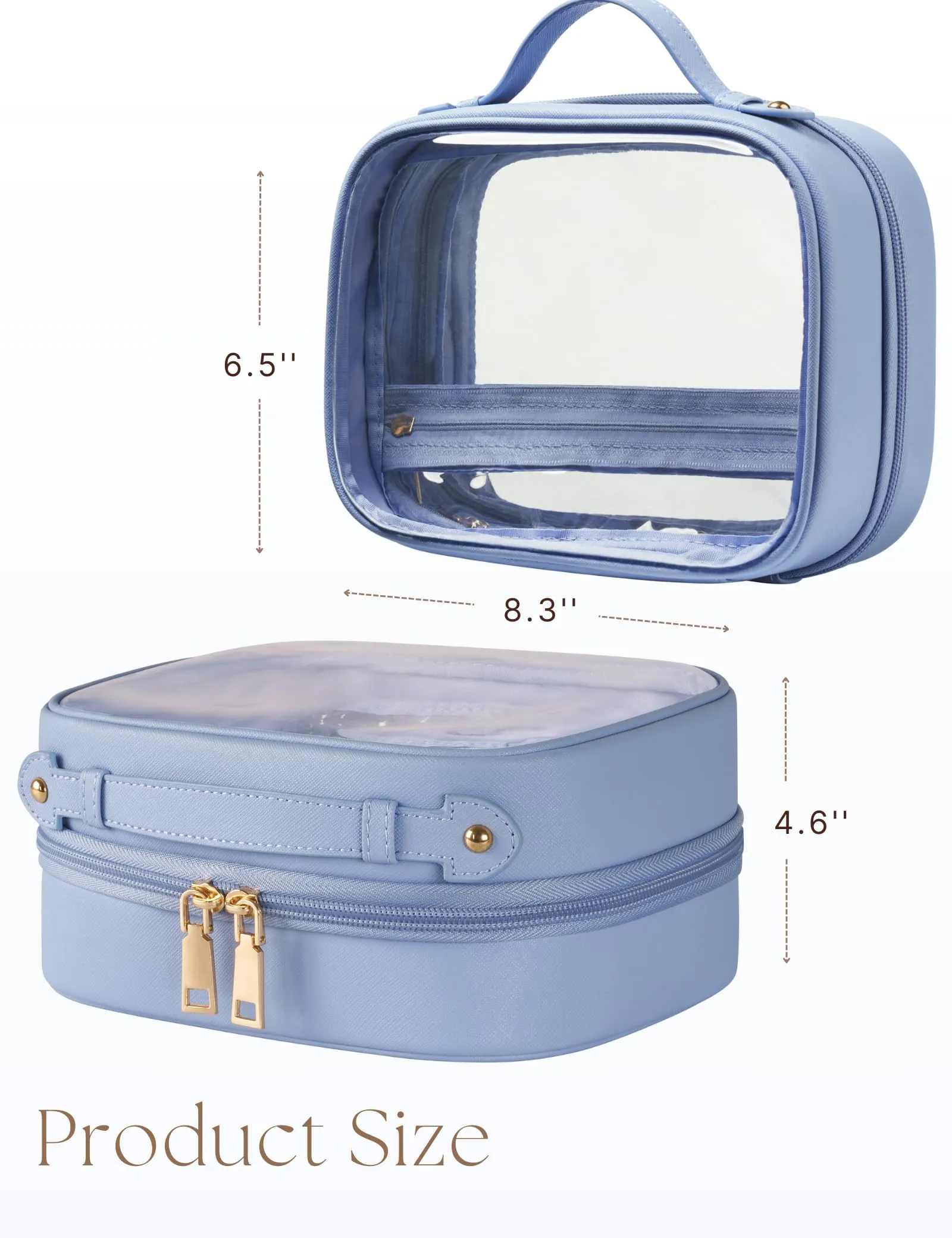 Oaque Clear Cosmetic Bag Double Layer Travel Toiletry Bag Clear Makeup Bag Case with 4 Compartments, Transparent Travel Bag for Toiletries, TSA Approved Toiletry Case for Women (Blue)