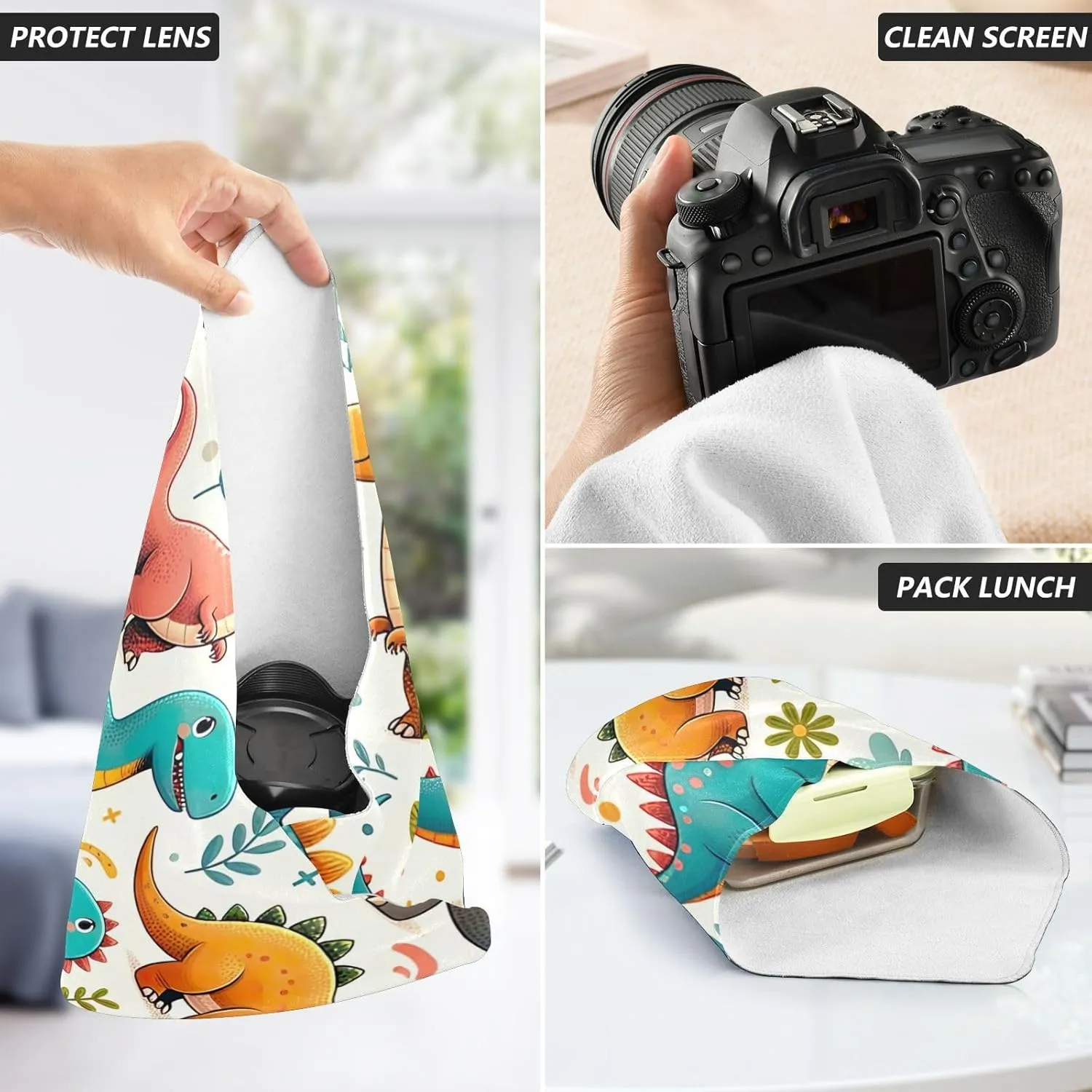 ODAWA Dinosaur Fun Green Self-adhesive Cloth 21.7X21.7 Inch Open Lay Flat Makeup Bag Wrap Protection for Camera and Lens