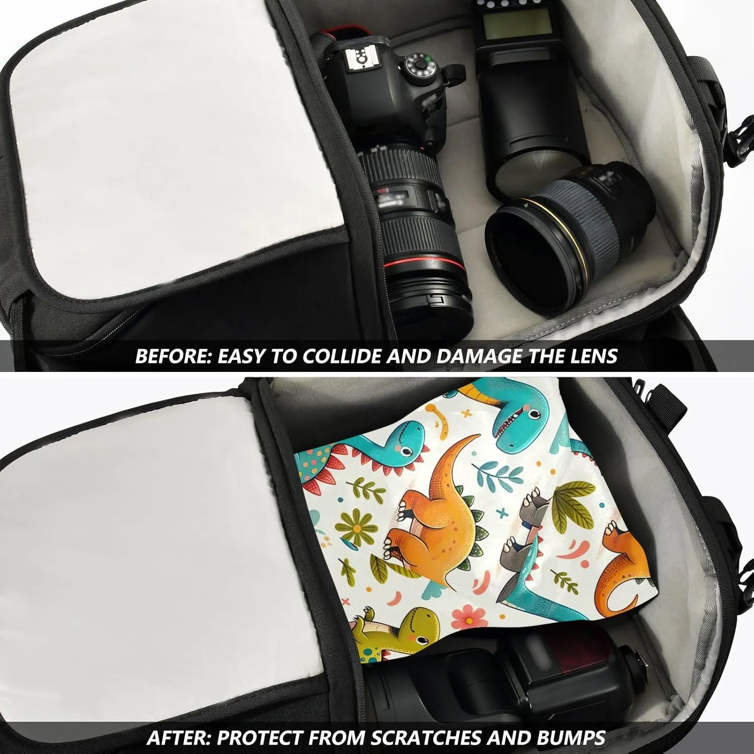 ODAWA Dinosaur Fun Green Self-adhesive Cloth 21.7X21.7 Inch Open Lay Flat Makeup Bag Wrap Protection for Camera and Lens