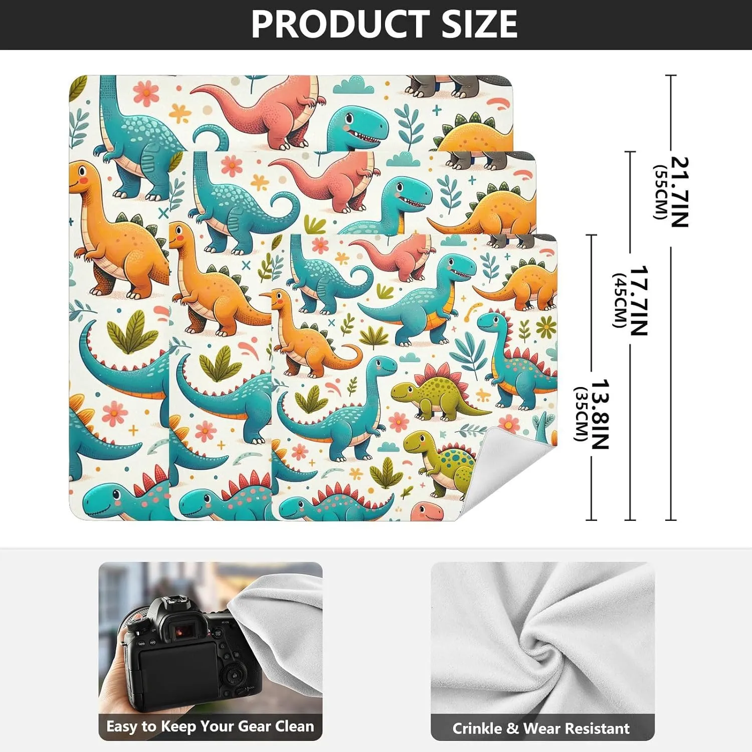 ODAWA Dinosaur Fun Green Self-adhesive Cloth 21.7X21.7 Inch Open Lay Flat Makeup Bag Wrap Protection for Camera and Lens