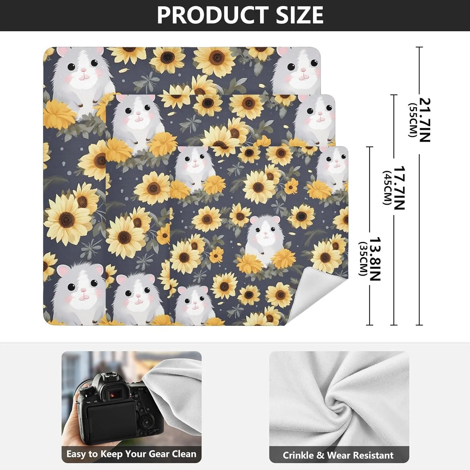ODAWA Makeup Wrap Cloth Bag 17.7 In, Cute Hamster Gray Self-adhesive Cloth Protective Camera Wrapper, Lens Protector for Camera