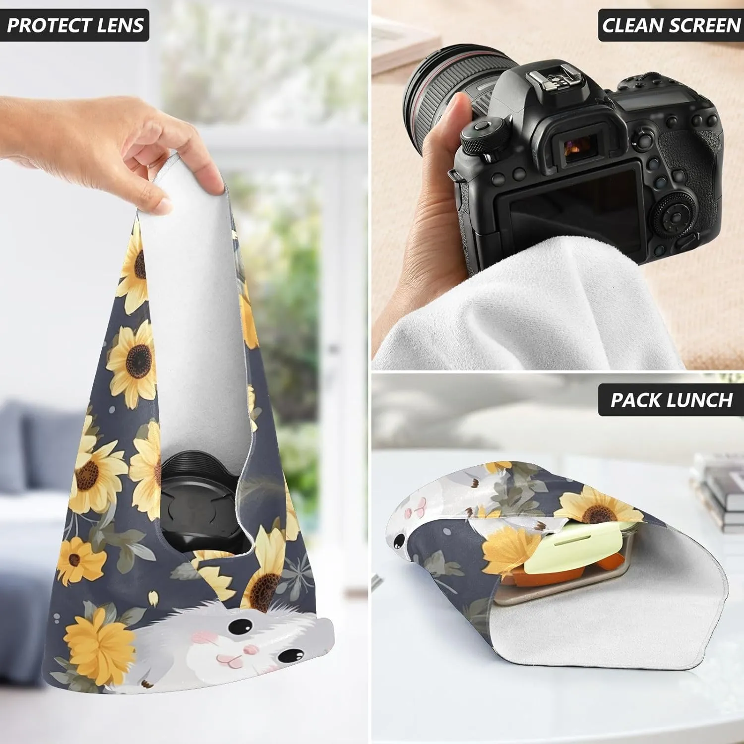 ODAWA Makeup Wrap Cloth Bag 17.7 In, Cute Hamster Gray Self-adhesive Cloth Protective Camera Wrapper, Lens Protector for Camera