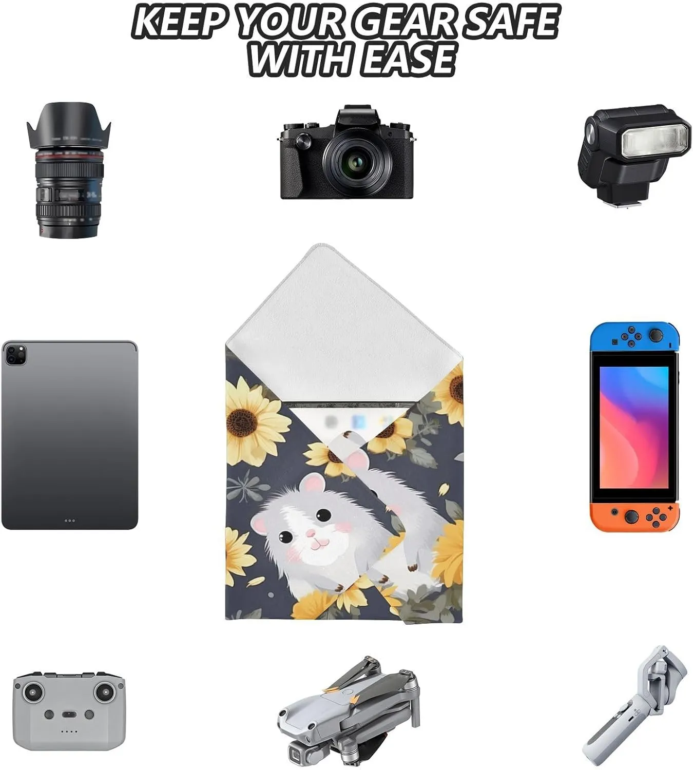 ODAWA Makeup Wrap Cloth Bag 17.7 In, Cute Hamster Gray Self-adhesive Cloth Protective Camera Wrapper, Lens Protector for Camera