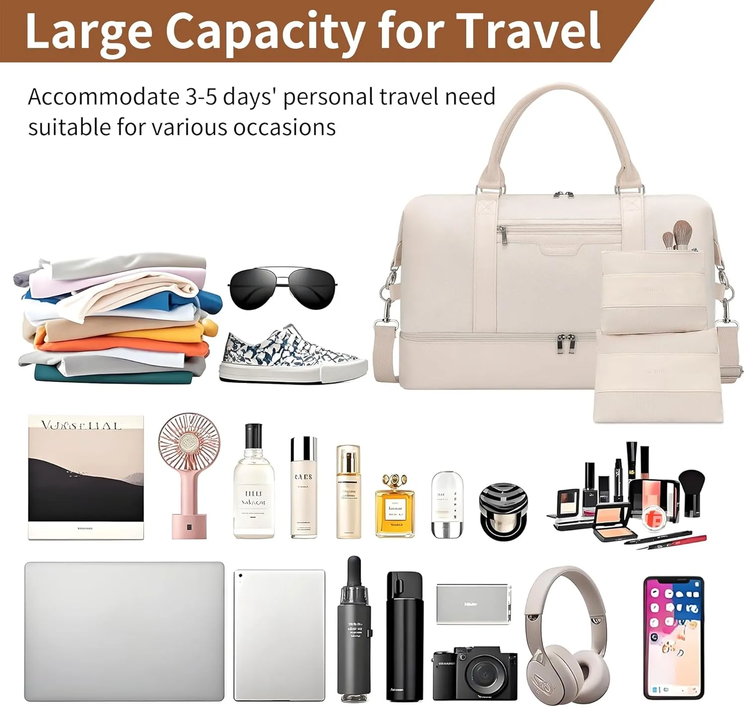 Oeihuivt Weekender Bags for Women - 21 Inch Large Travel Duffel Bag 2-Piece Set with Shoe Compartment, Heavy-Duty Canvas & Leather Carry On Overnight Tote (Airplane Approved)