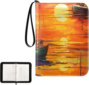 Oil Painting Boats Collectible Trading Card Albums, Waterproof PU Card Collection Binder Fits 400 Cards with Removable Sleeves for Baseball Card, Football Card