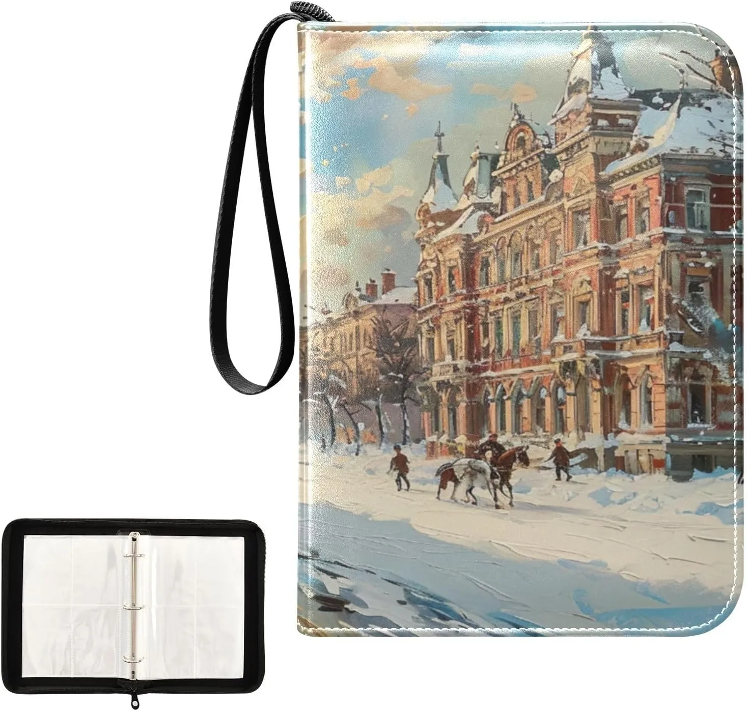 Oil Painting Of City Collectible Trading Card Albums, Waterproof PU Card Collection Binder Fits 400 Cards with Removable Sleeves for Baseball Card, Football Card