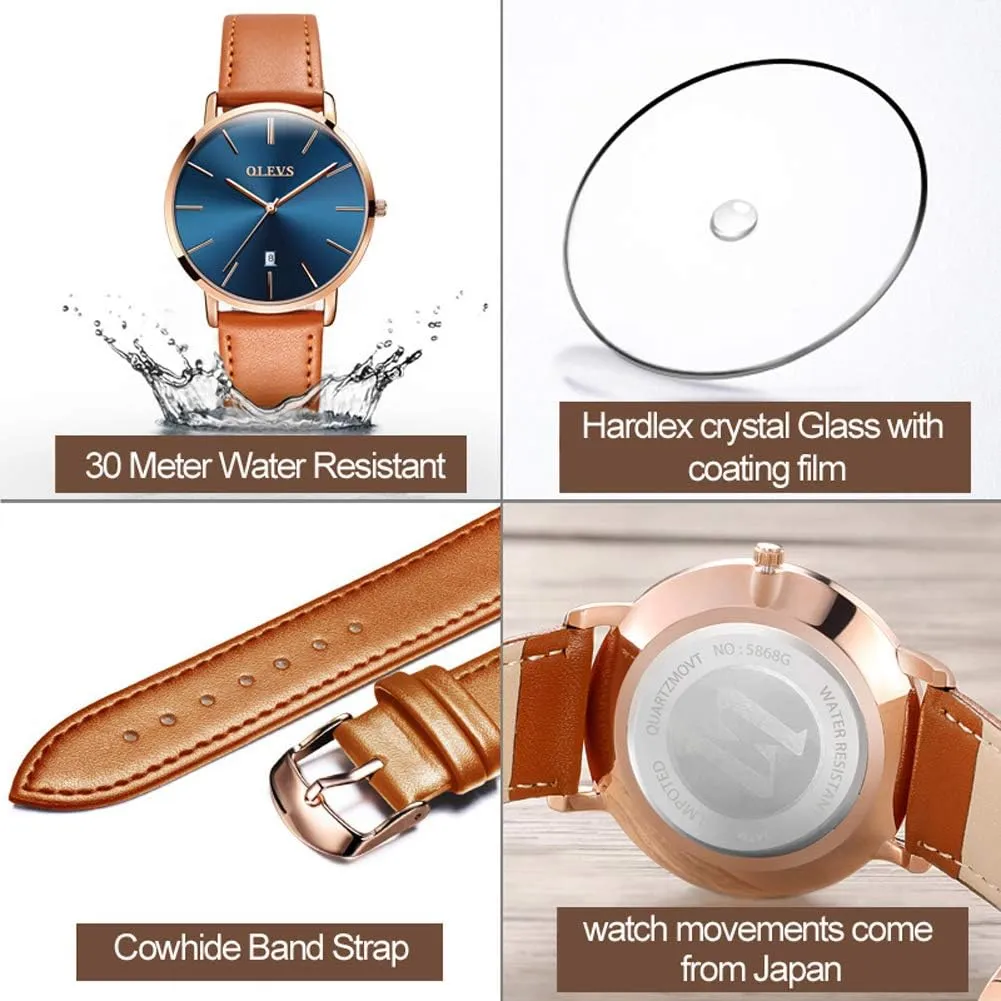 OLEVS Women's Watches for Ladies Female Wrist Watch Leather Band Waterproof Thin Minimalist Casual Simple Dress Quartz Analog with Date Calendar