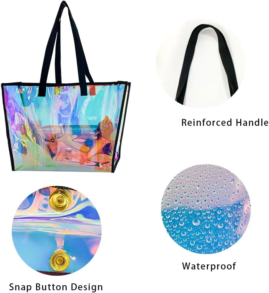 ONEART Clear Holographic Tote Bags, Iridescent Waterproof Top Handle Bag, Clear Jelly Totes Vocation Party Beach Bag