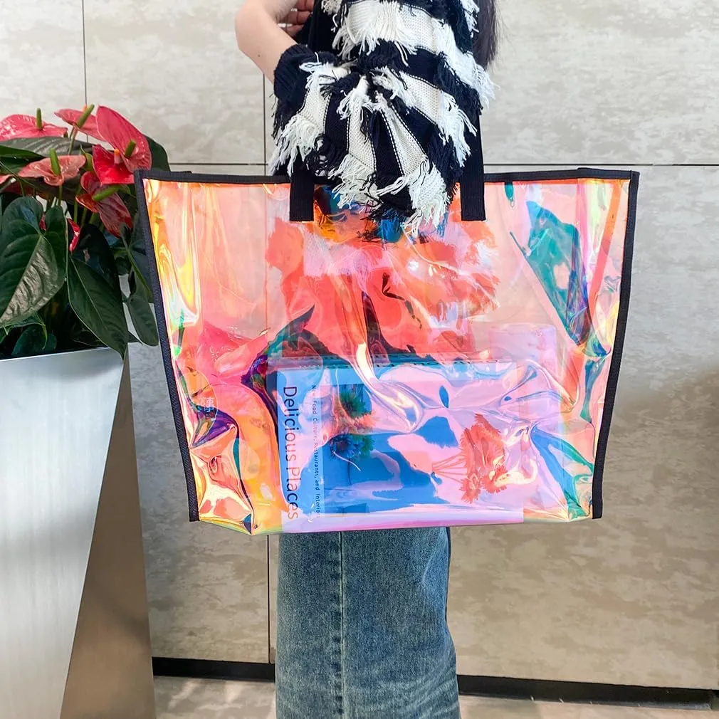 ONEART Clear Holographic Tote Bags, Iridescent Waterproof Top Handle Bag, Clear Jelly Totes Vocation Party Beach Bag