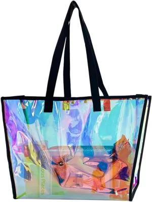 ONEART Clear Holographic Tote Bags, Iridescent Waterproof Top Handle Bag, Clear Jelly Totes Vocation Party Beach Bag