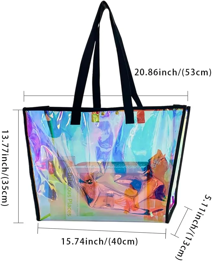 ONEART Clear Holographic Tote Bags, Iridescent Waterproof Top Handle Bag, Clear Jelly Totes Vocation Party Beach Bag