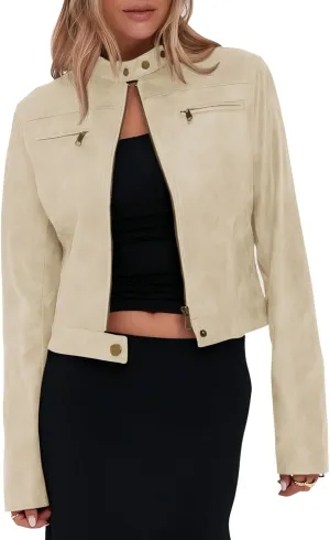 Onedreamer Women's Faux Leather Cropped jackets Casual Vintage Zip Up Stand Collar Motorcycle Short Coat Jacket