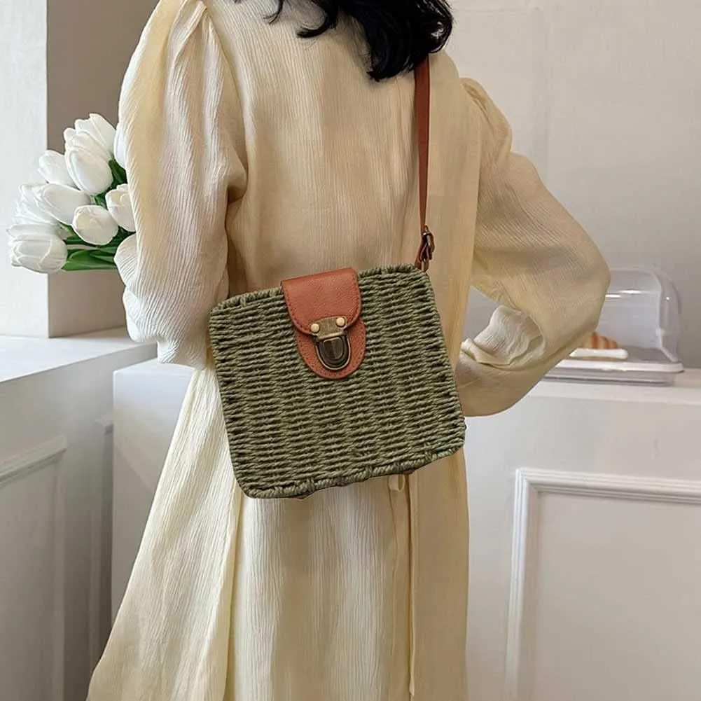 Orgonite Straw Tote Bag Woven Handbag Rattan Wicker Shoulder Crossbody Bag Imitation Bamboo Handle for Women Summer Beach