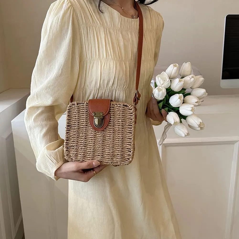Orgonite Straw Tote Bag Woven Handbag Rattan Wicker Shoulder Crossbody Bag Imitation Bamboo Handle for Women Summer Beach