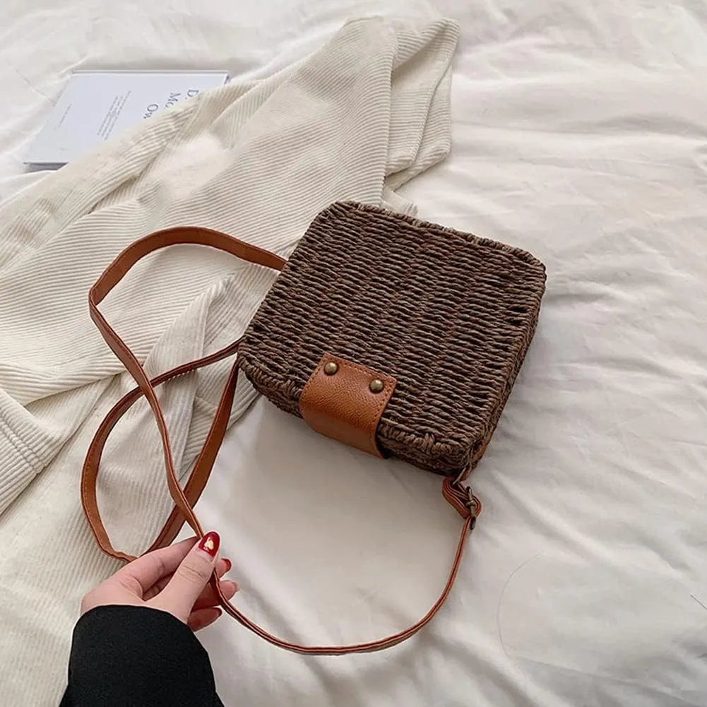 Orgonite Straw Tote Bag Woven Handbag Rattan Wicker Shoulder Crossbody Bag Imitation Bamboo Handle for Women Summer Beach