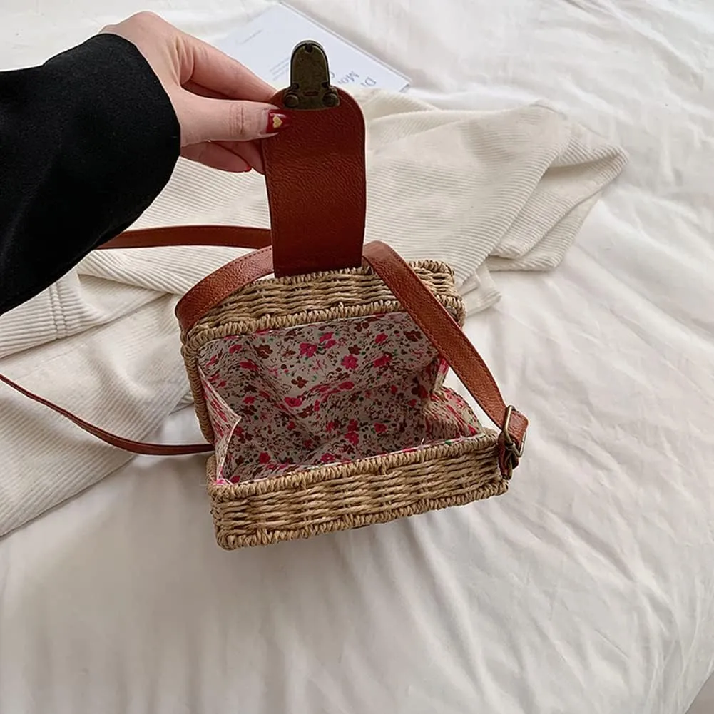Orgonite Straw Tote Bag Woven Handbag Rattan Wicker Shoulder Crossbody Bag Imitation Bamboo Handle for Women Summer Beach